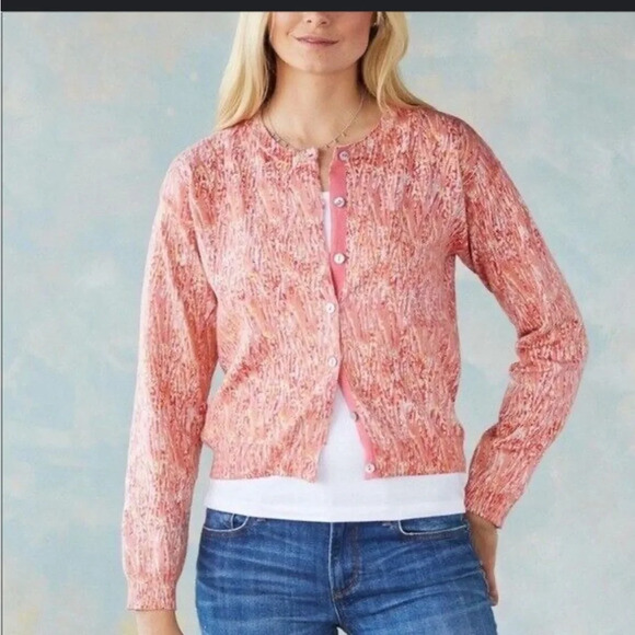 Sundance sweater - pink/orange abstract print button front fitted cardigan - Picture 2 of 9